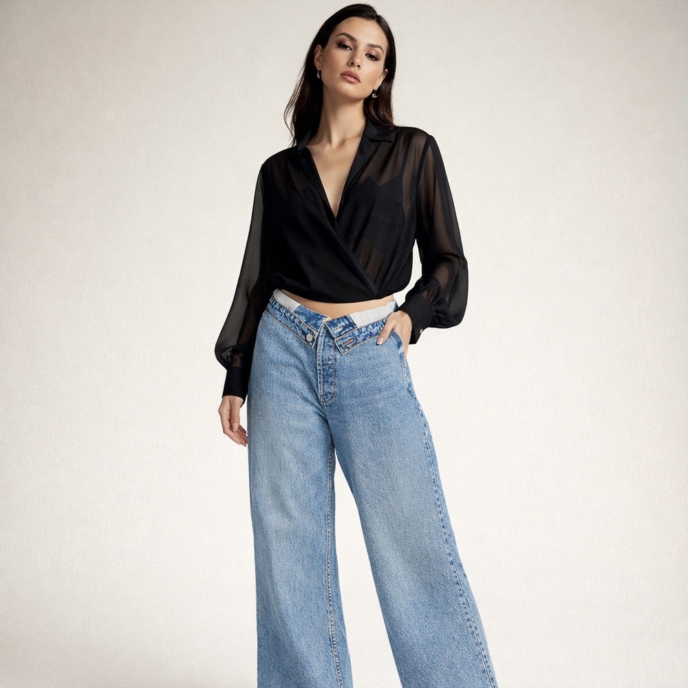 EB Denim Fold Over Waist Wide Leg Jeans street style USA actual sz 28 grunge - Picture 2 of 15